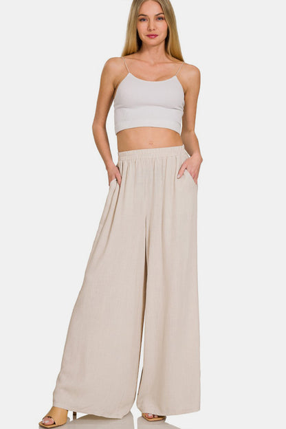 Pleated Linen Blend Wide Leg Pants - Beige