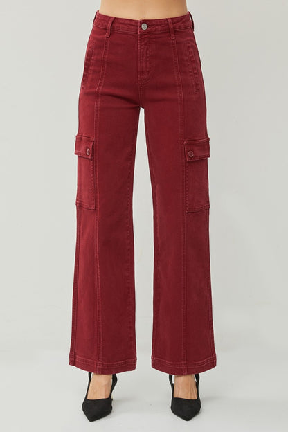 Wine High Rise Wide Leg Cargo Jeans by RISEN