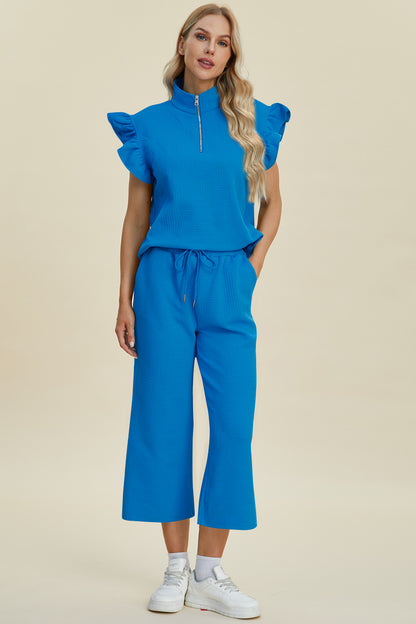 Texture Ruffle Short Sleeve Top and Wide Leg Pants Set