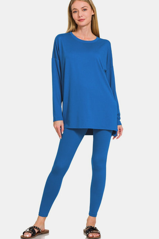 Brushed Microfiber Top and Leggings Lounge Set in Classic Blue