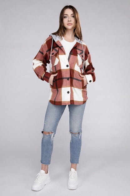 Plaid Loose Hooded Fleece Shacket