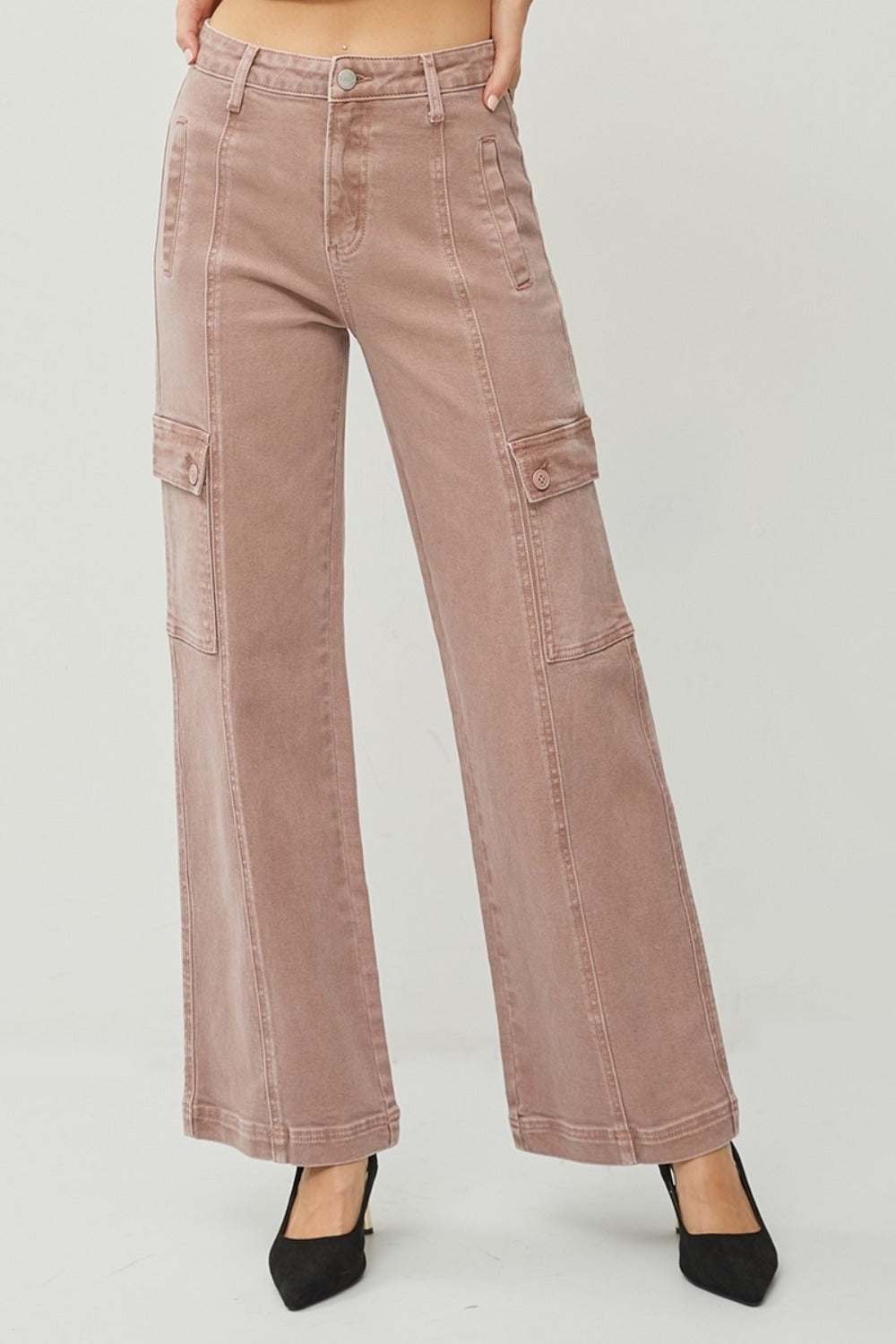 Mauve High Rise Wide Leg Cargo Jeans by RISEN