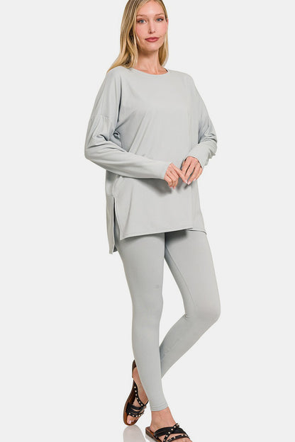 Brushed Microfiber Top and Leggings Lounge Set in Lt Grey