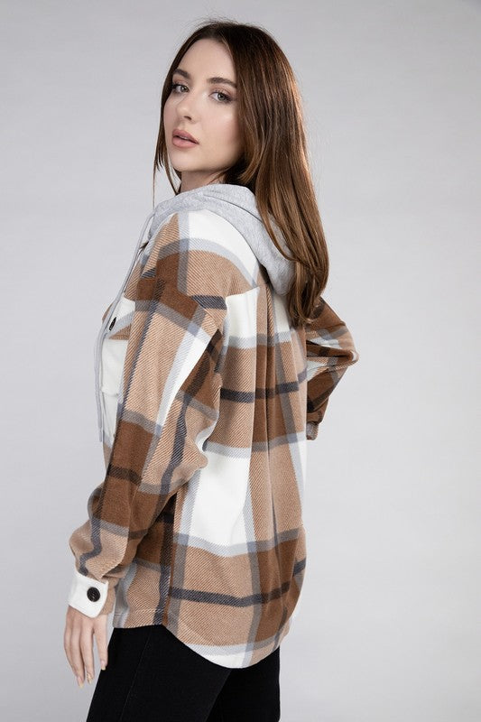 Plaid Loose Hooded Fleece Shacket