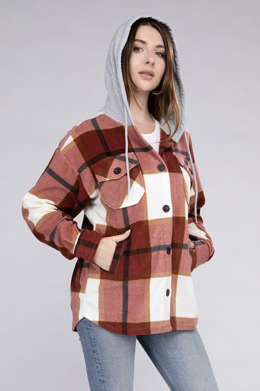 Plaid Loose Hooded Fleece Shacket