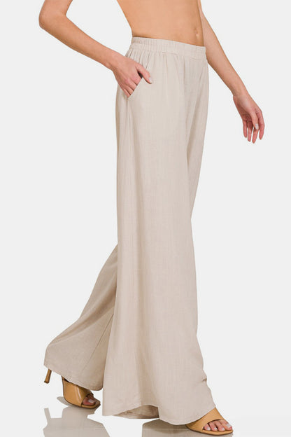 Pleated Linen Blend Wide Leg Pants - Beige