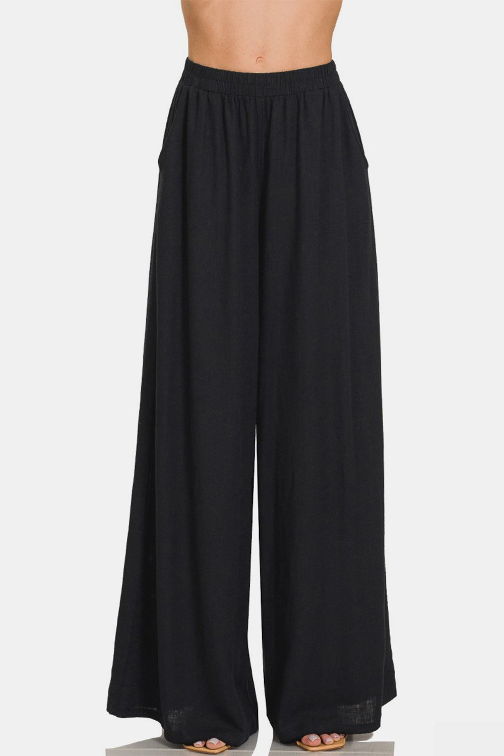 Pleated Linen Blend Wide Leg Pants - Black