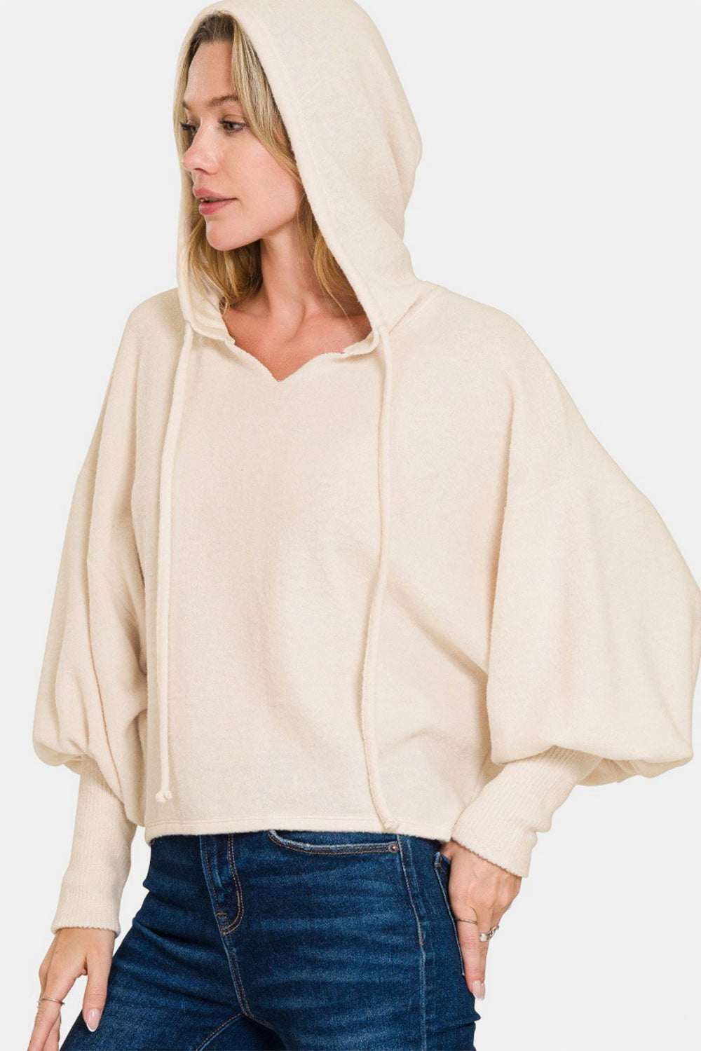 Brushed Hacci Drop Shoulder Cropped Hoodie - Sand Beige