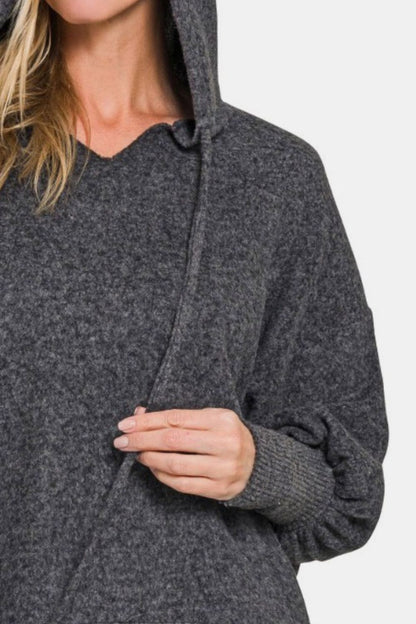 Brushed Hacci Drop Shoulder Cropped Hoodie - Grey Black