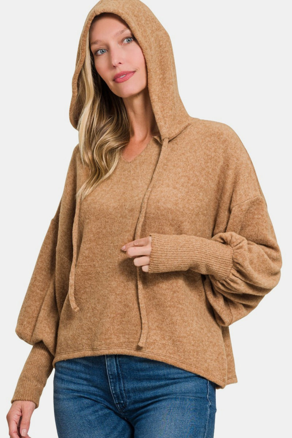 Brushed Hacci Drop Shoulder Cropped Hoodie - Deep Camel