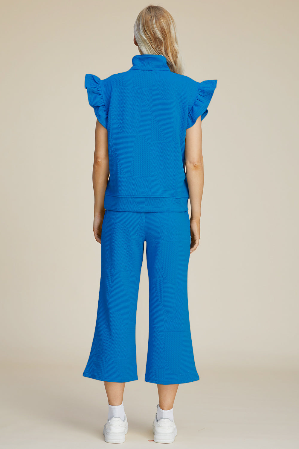 Texture Ruffle Short Sleeve Top and Wide Leg Pants Set