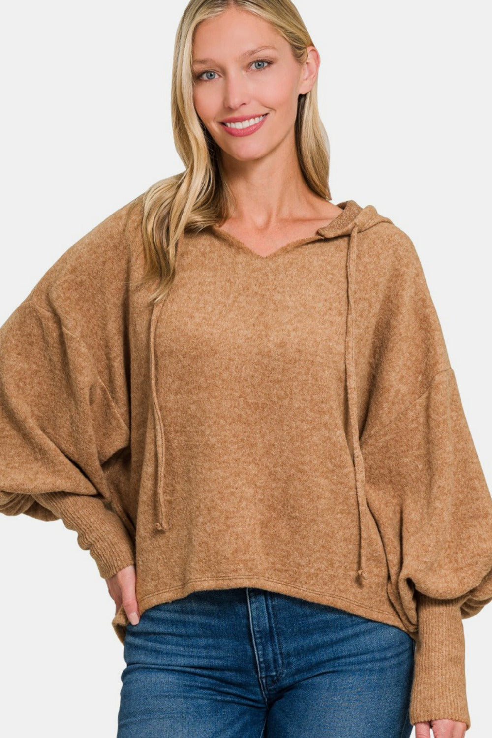 Brushed Hacci Drop Shoulder Cropped Hoodie - Deep Camel