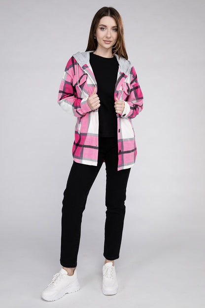 Plaid Loose Hooded Fleece Shacket