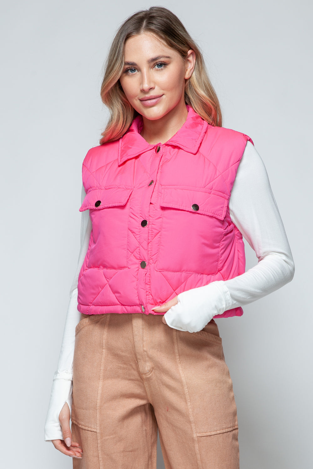 Snap Down Quilted Crop Vest in Hot Pink