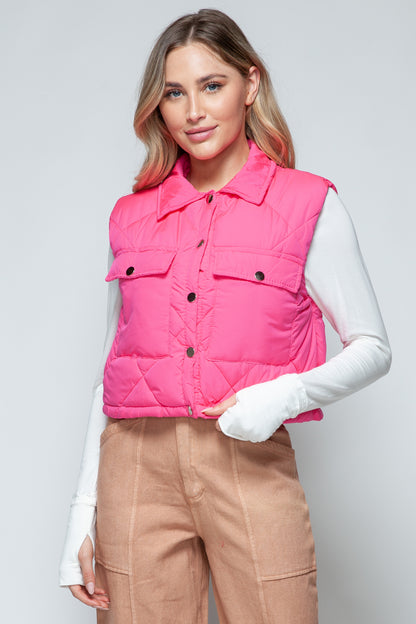 Snap Down Quilted Crop Vest in Hot Pink