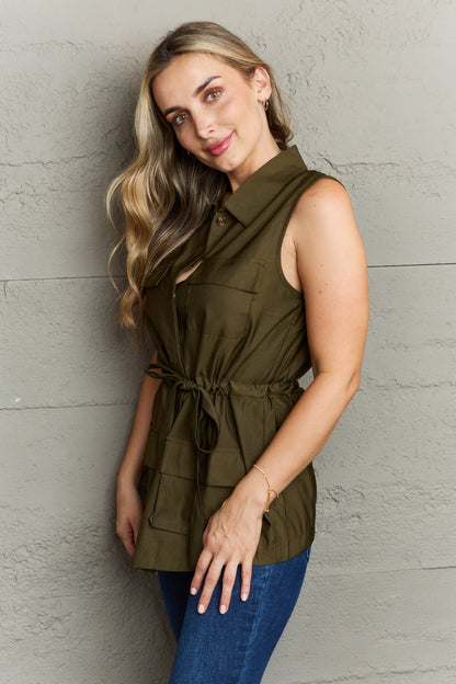 Army Green Sleeveless Collared Button Down Top