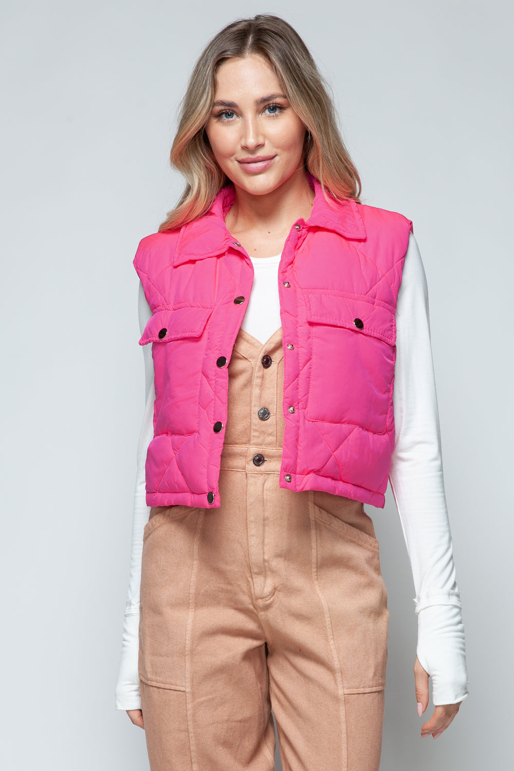 Snap Down Quilted Crop Vest in Hot Pink