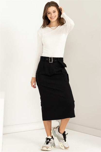 black cargo skirt in midi length