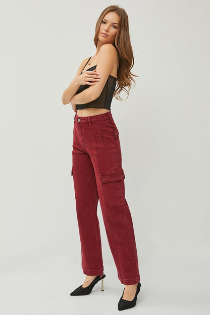 Wine High Rise Wide Leg Cargo Jeans by RISEN