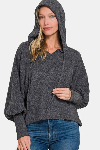 Brushed Hacci Drop Shoulder Cropped Hoodie - Grey Black