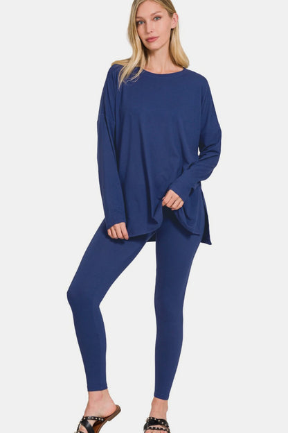 Brushed Microfiber Top and Leggings Lounge Set in Navy