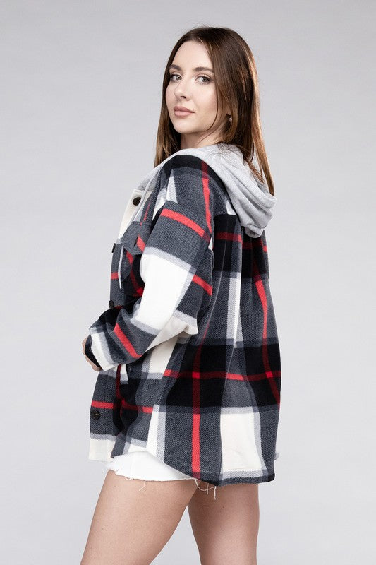 Plaid Loose Hooded Fleece Shacket