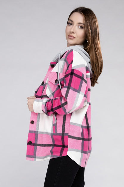 Plaid Loose Hooded Fleece Shacket