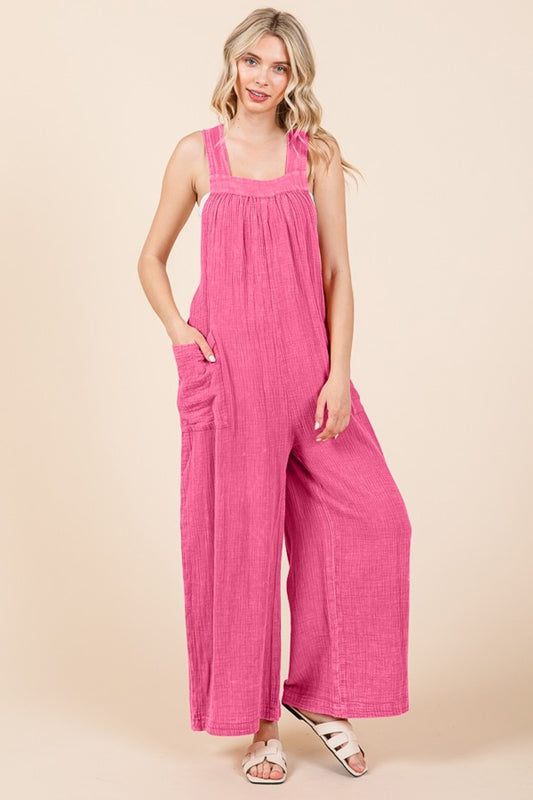 Pink Pocketed Sleeveless Wide Leg Overalls