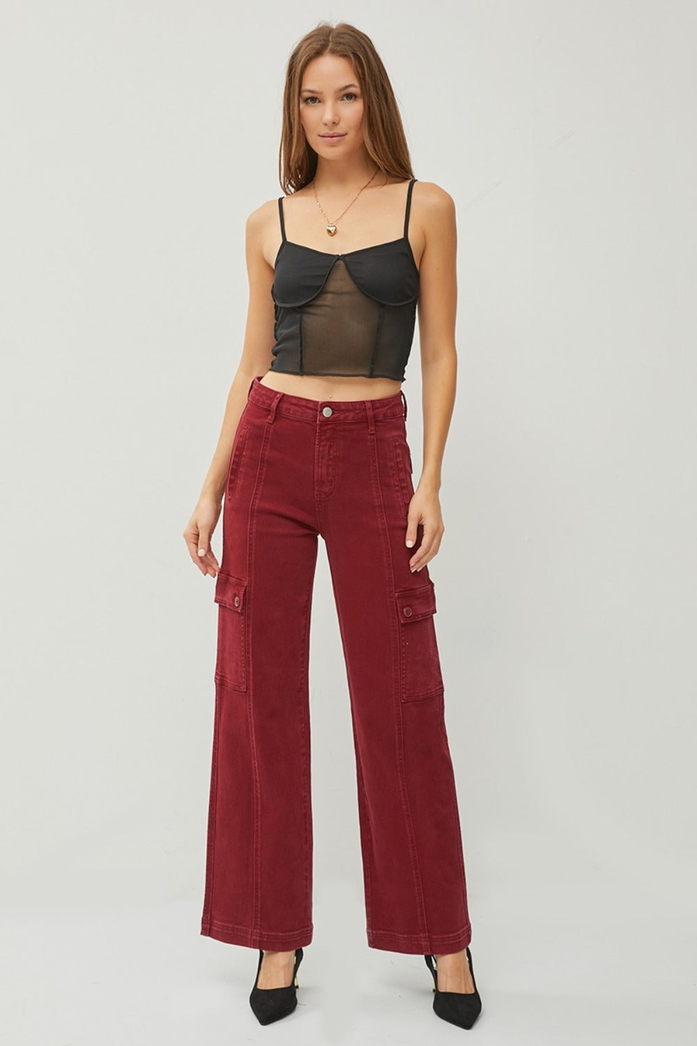 Wine High Rise Wide Leg Cargo Jeans by RISEN