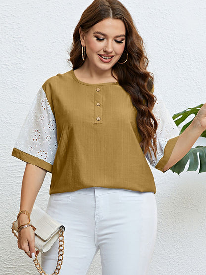 Plus Size Camel Colored Top with Contrast White laser cut short Sleeves