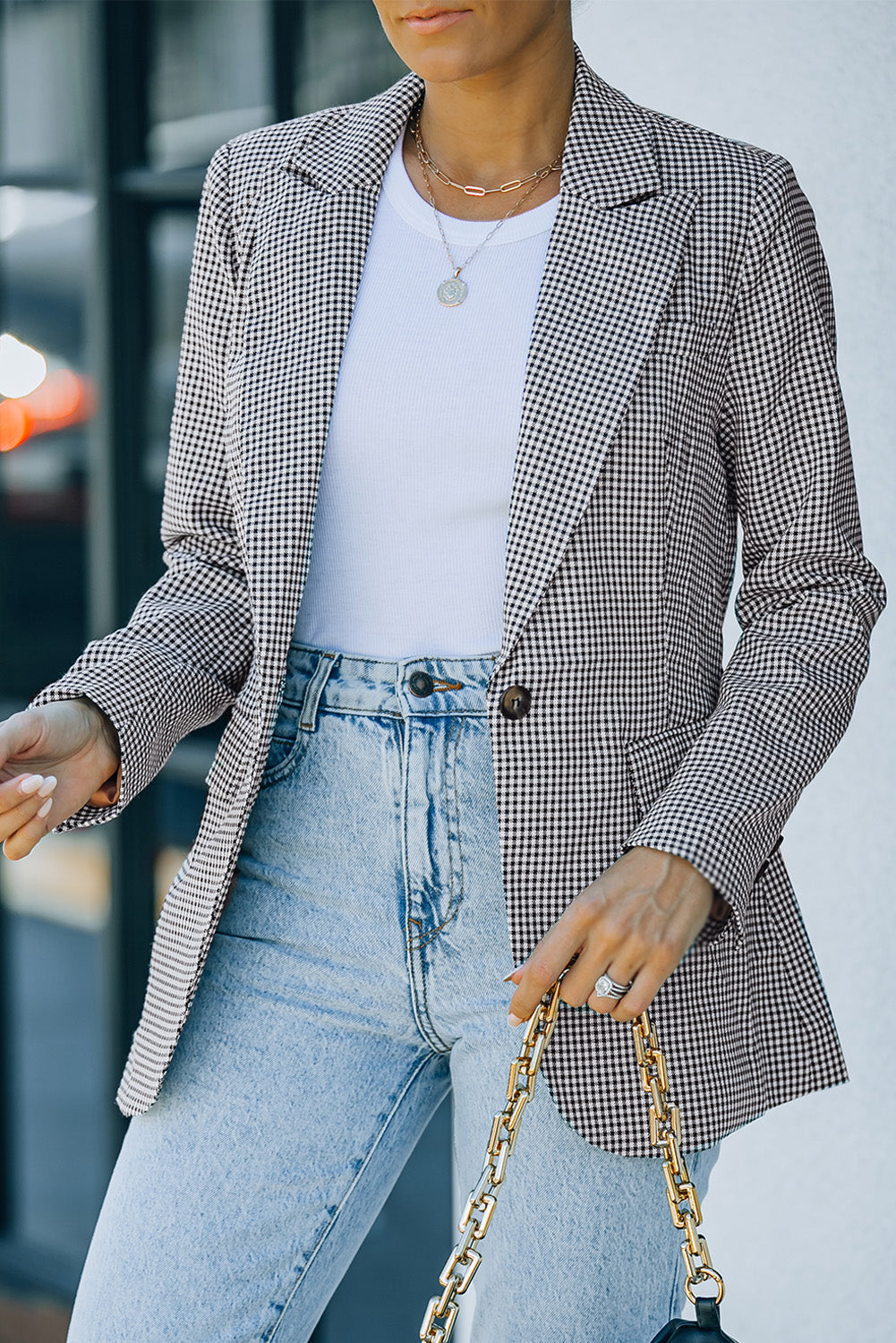 Women's Black and White Plaid Lapel Collar One-Button Cuff Blazer, Regular Length, Long Sleeves, Faux pockets on both sides, Small to 2X