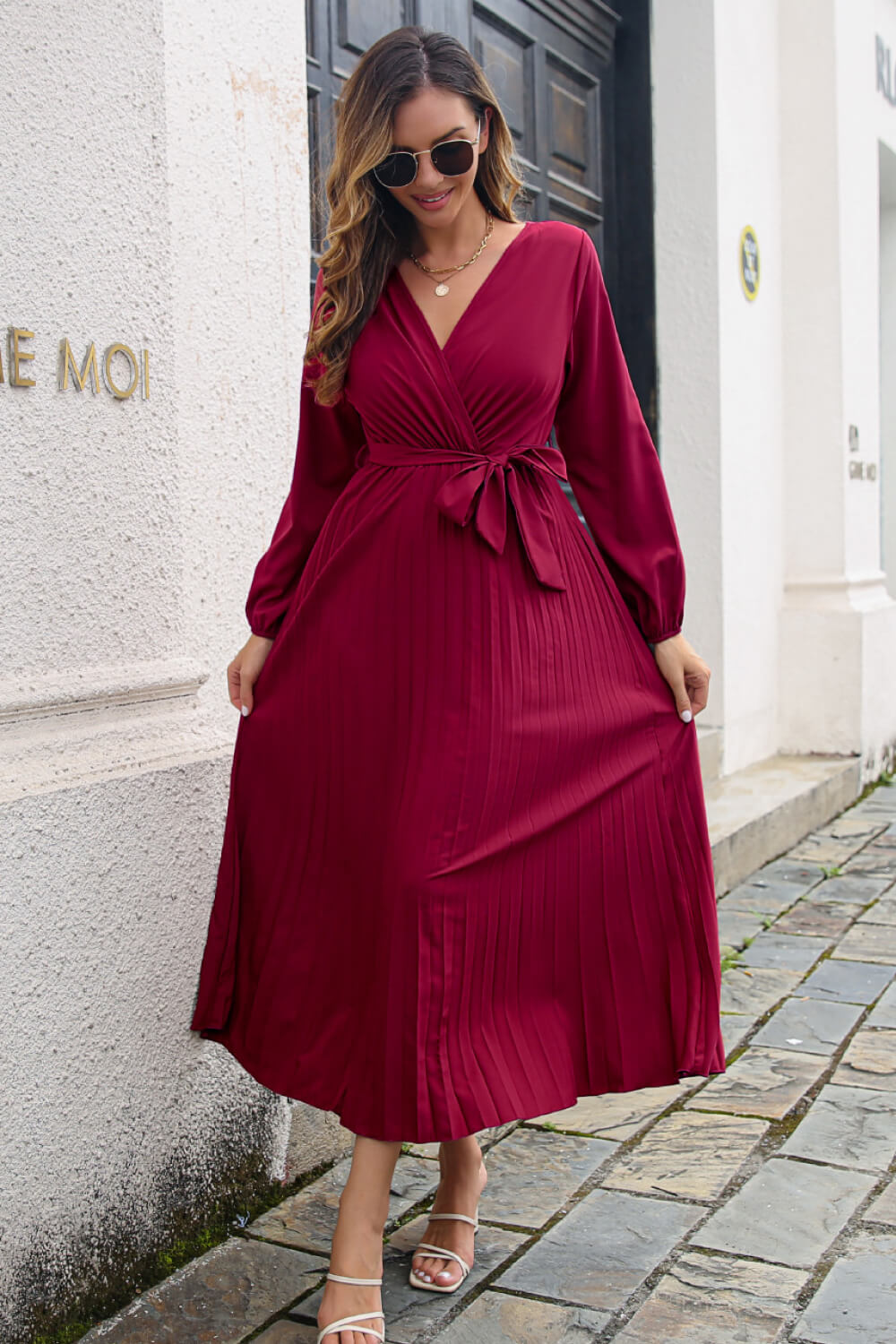 Pleated Long Sleeve Maxi Dress