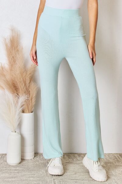 High Waist Ultra Soft Knit Flare Pants in Mint Green by RISEN