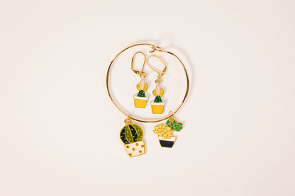 Gold Earrings with Cactus Charms, pair with gold charm bracelet to make a set