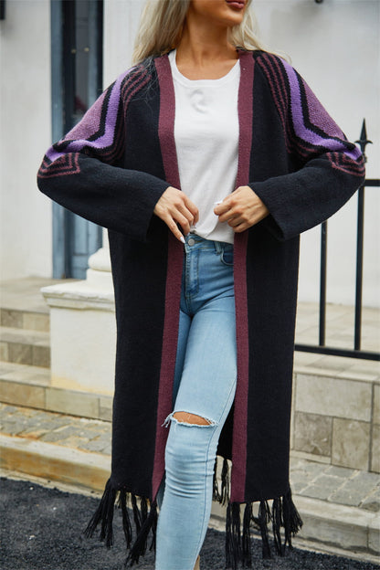 Women's Long Black open cardigan with fringed hem, contrast trim and purple geometric print on shoulders