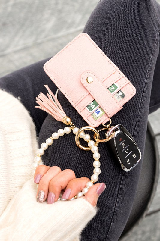 Pearl Key Ring Blush Wallet Bracelet with Blush Faux Leather Tassel