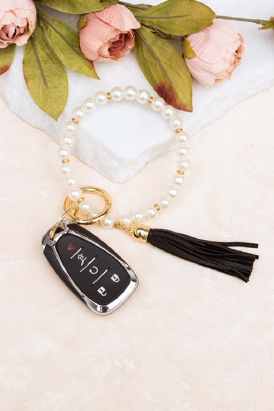 Classic Pearl Key Ring Bracelet with black faux leather tassel