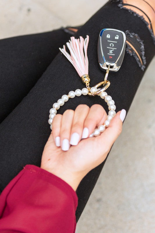 Classic Pearl Key Ring Bracelet with Light Pink Faux Leather Tassel