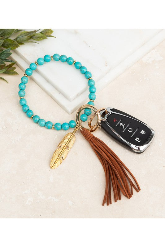 Boho Turquoise Stone Key Ring Bracelet with Faux Leather Tassel and Gold Leaf Charm