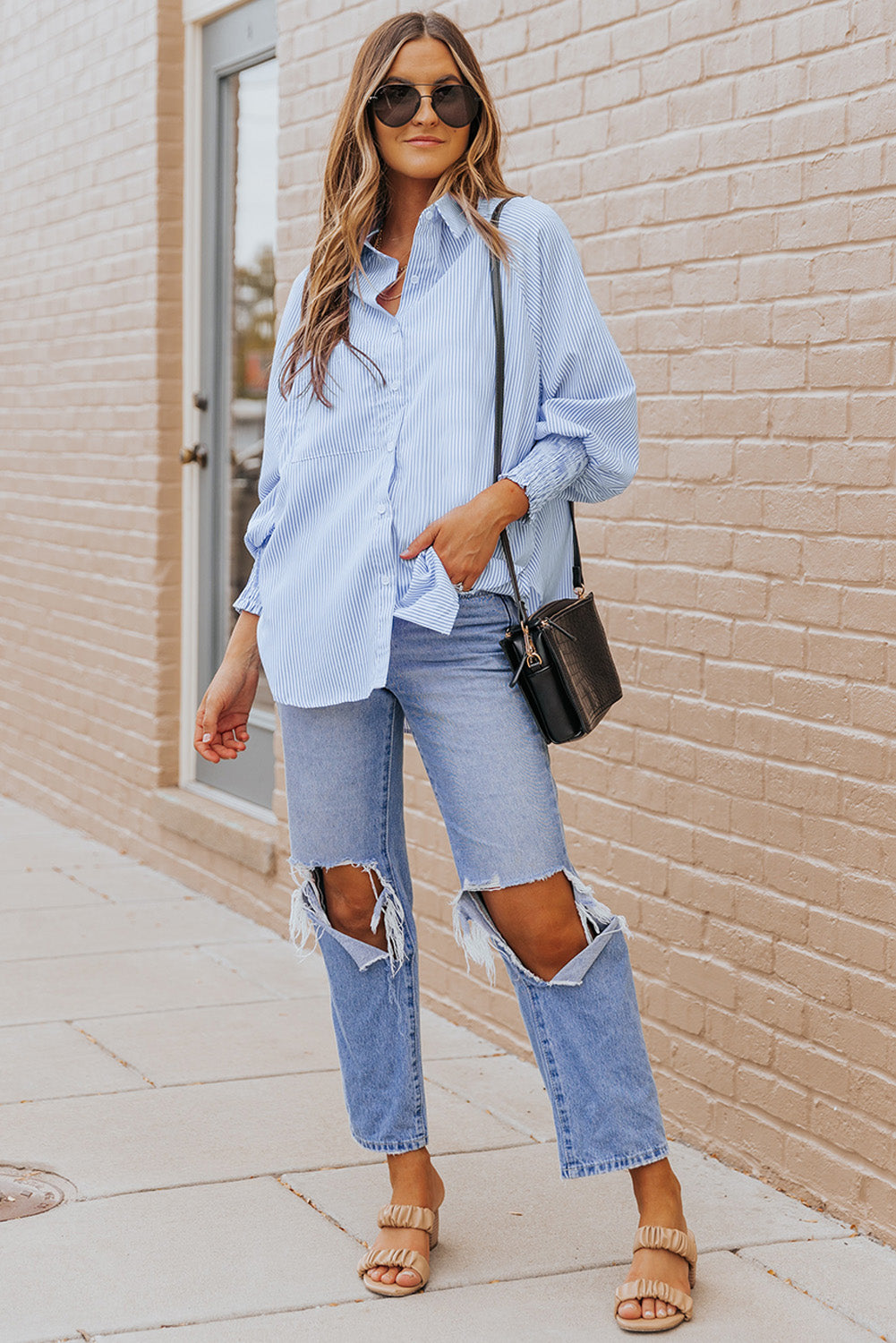 Striped Button Front Smocked Shirt