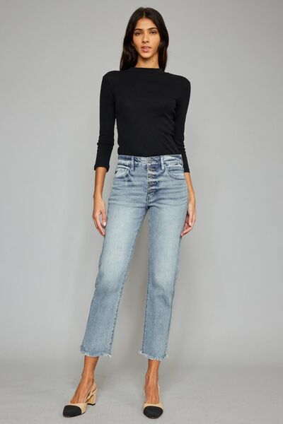 High Waist Button Fly Raw Hem Cropped Straight Jeans by Kancan