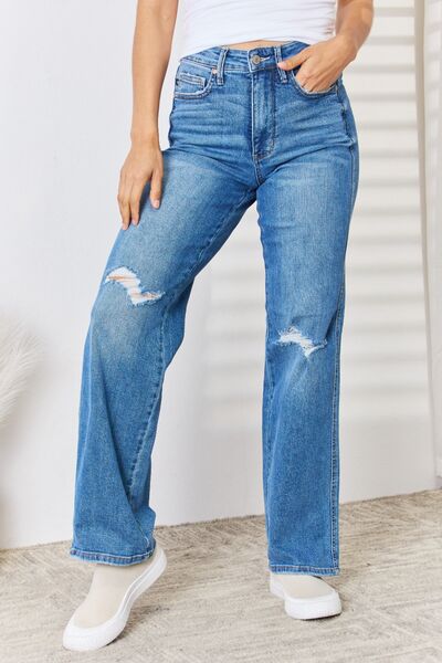 High Waist Distressed Straight-Leg Jeans by Judy Blue