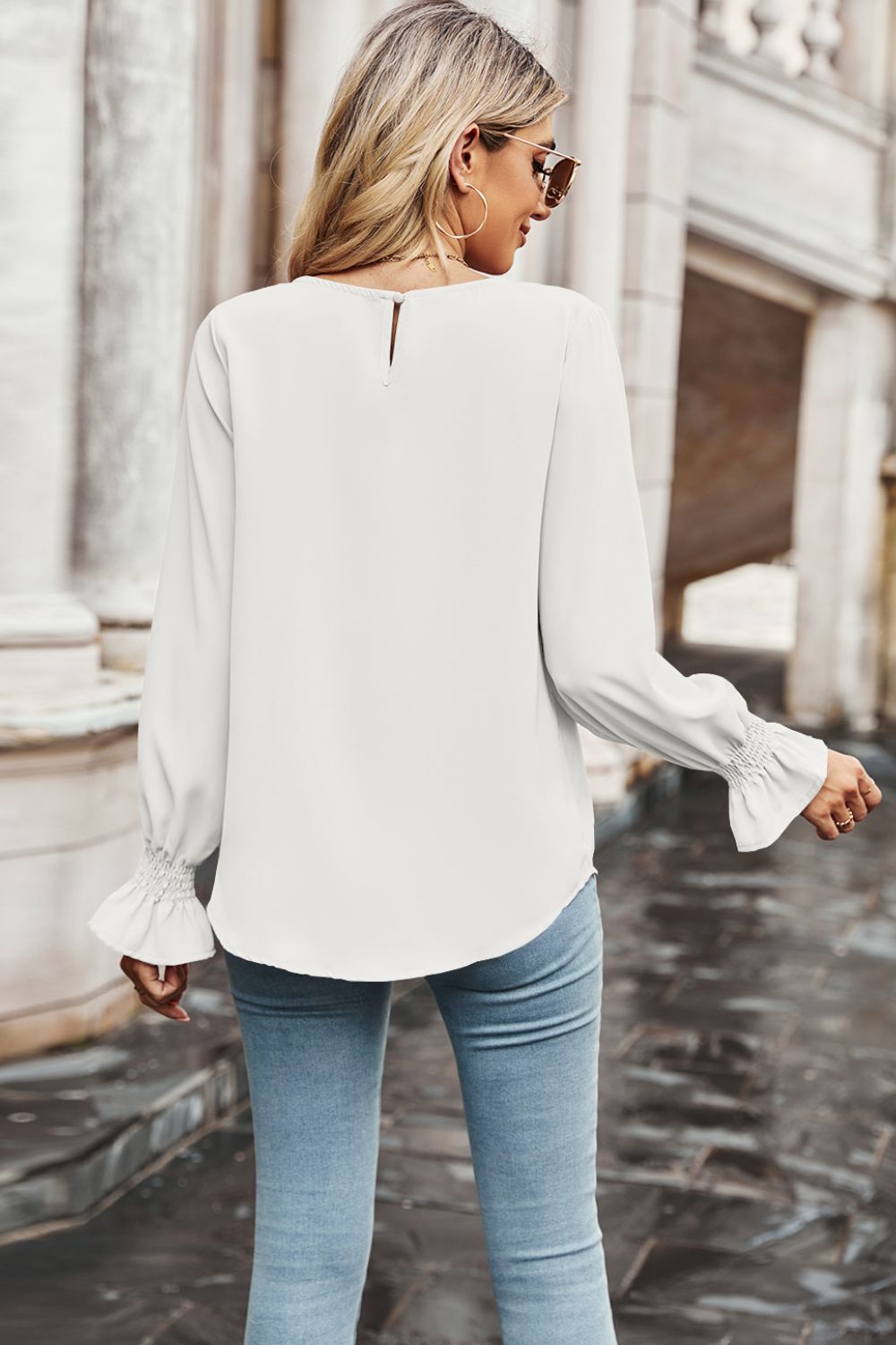 Women's White Colored Round Neck Long Flounce Sleeve Blouse with Smocked Wrists, Rounded Hem Line in Front and Back
