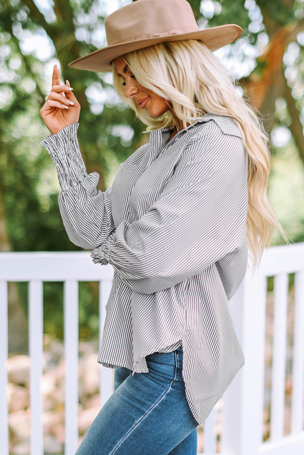 Striped Button Front Smocked Shirt