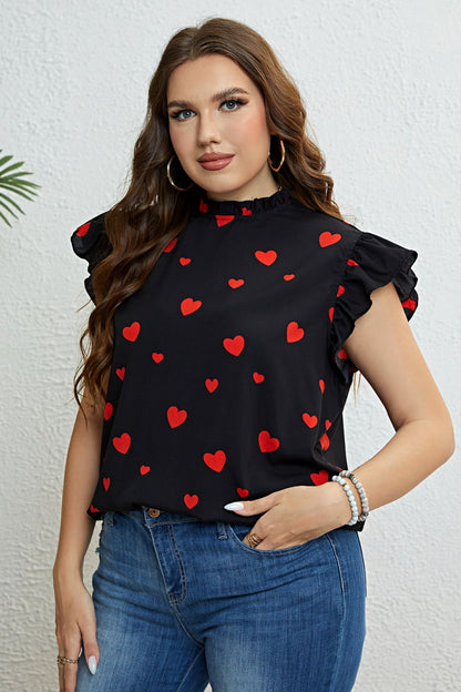 Women's Plus Size Black Top with Red Heart Print, Short Cap Flutter Sleeves, Mock Neck