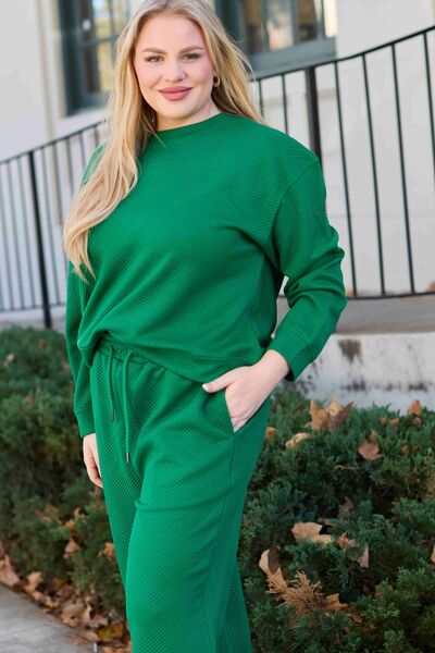 Plus Size Green Textured Long Sleeve Top and Drawstring Wide Leg Pants Set 
