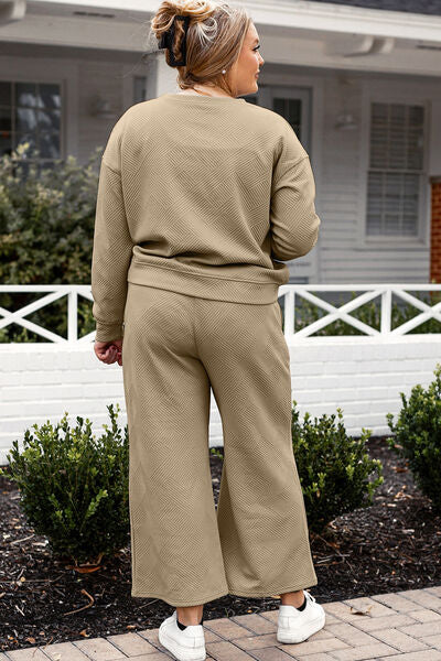 Back View of Women's Tan Colored Textured Long Sleeve Top and Drawstring Wide Leg Pants Set