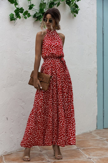 Polka Dot Halter Belted Dress