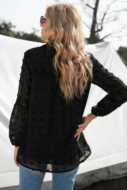 Women's Long Sleeve Swiss Dot Frilled Notched Neck Blouse in Black