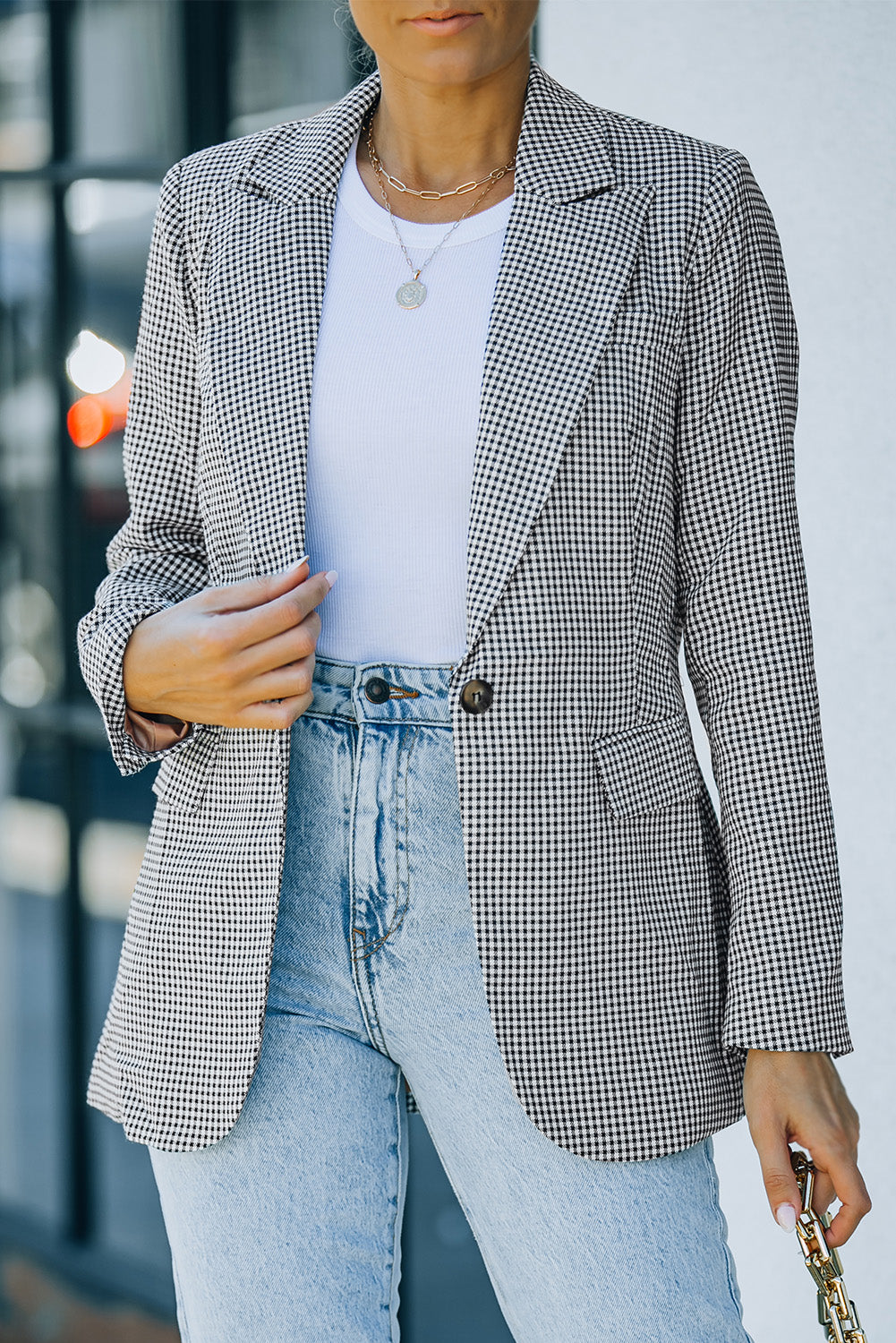 Women's Black and White Plaid Lapel Collar One-Button Cuff Blazer, Regular Length, Long Sleeves, Faux pockets on both sides, Small to 2X